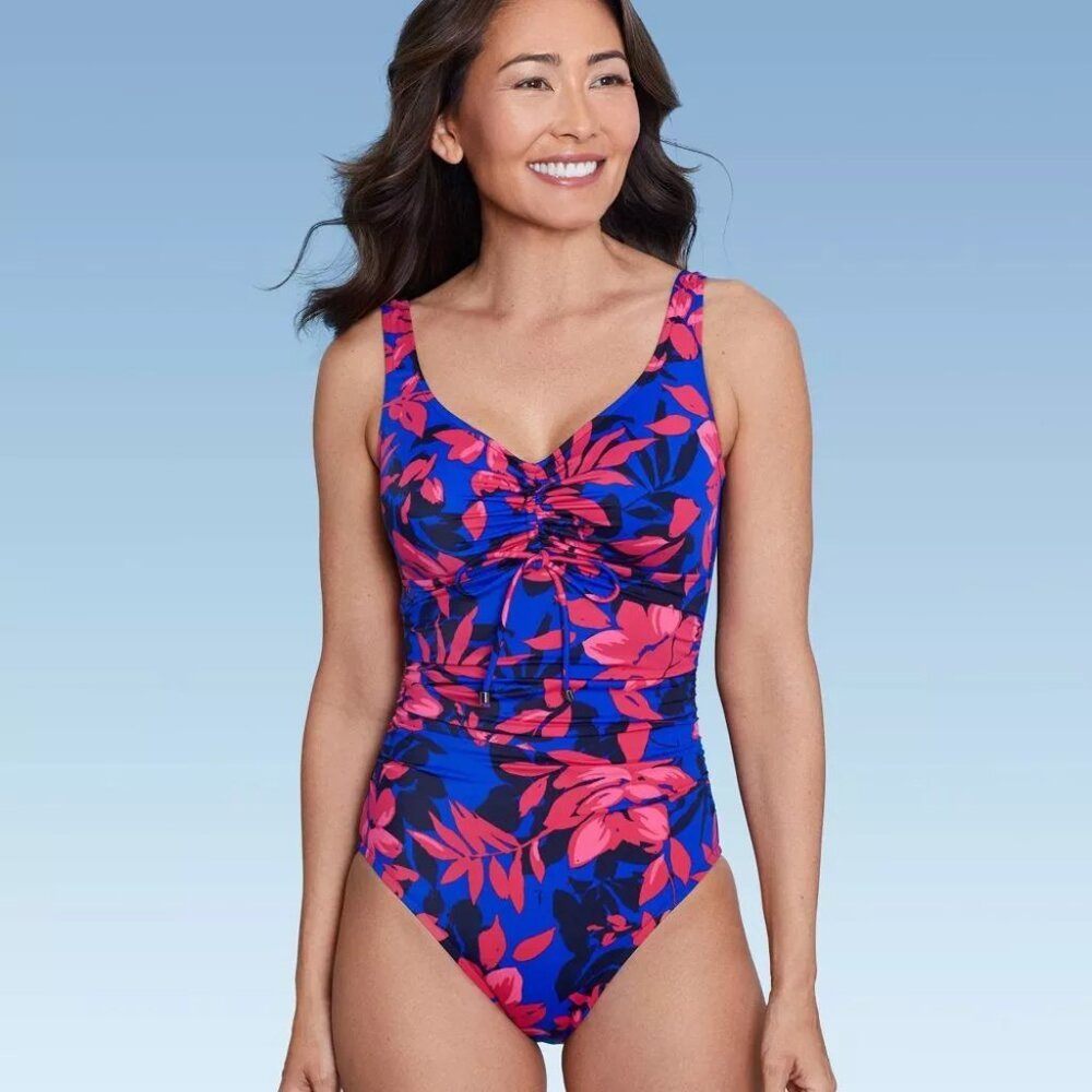 NWT UPF 50 Cinch-Front One Piece Swimsuit Multi Floral Print